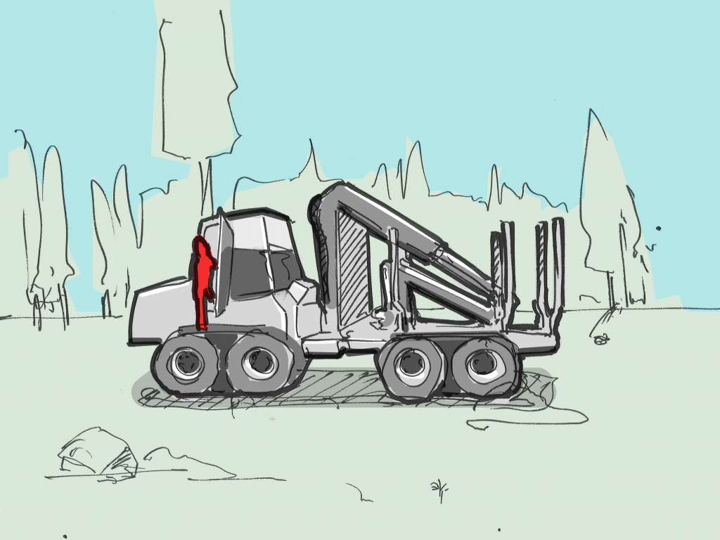 Detail of the storyboard: the forwarder driving to pick up logs